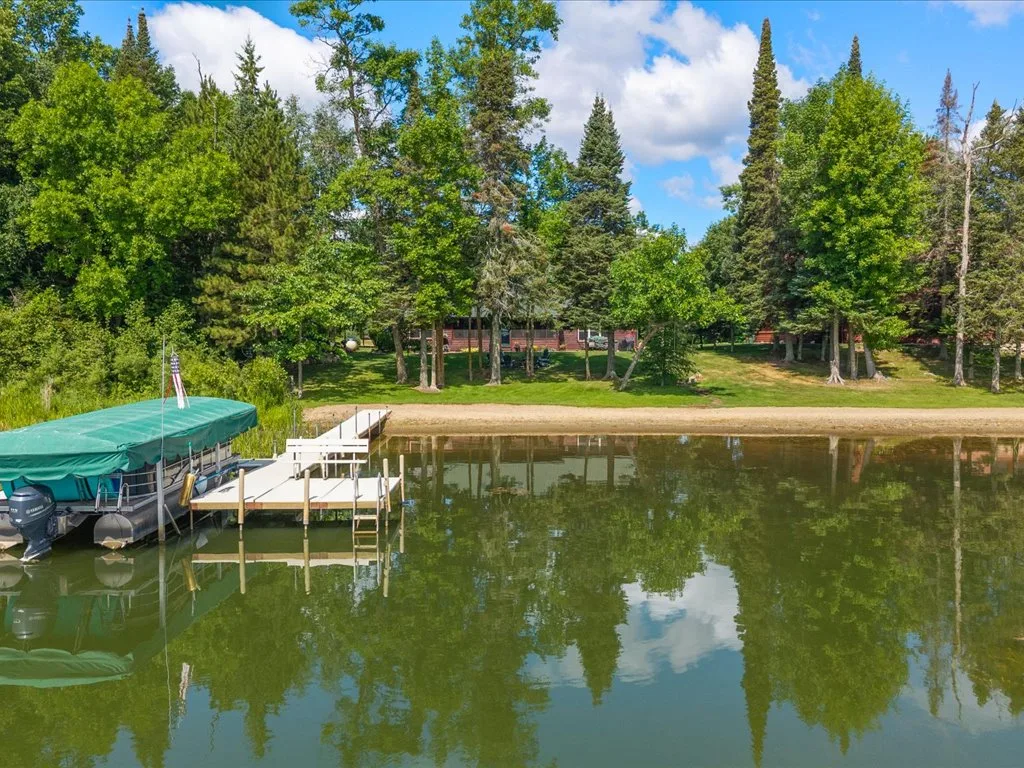 Aerial view from the lake toward the shoreline, lawn, and evergreen forest